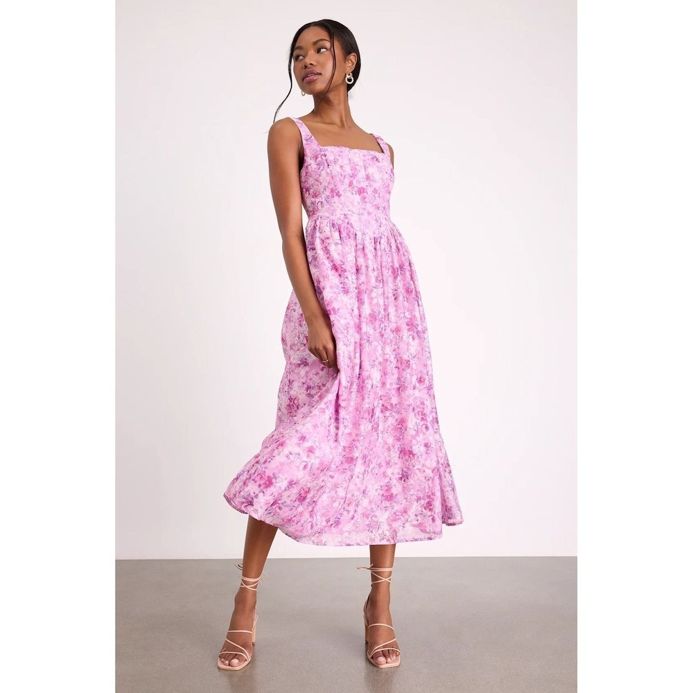Lulus NWT Colwyn Light Magenta Floral Jacquard Bustier Midi Dress - Small